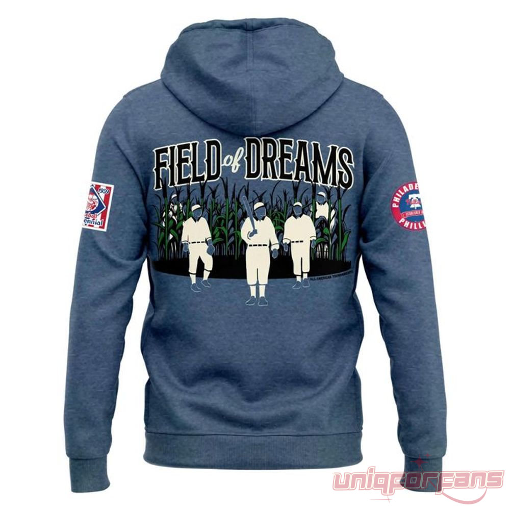 Philadelphia Phillies Field of Dreams 2026 hoodie back view featuring vintage players cornfield graphic art