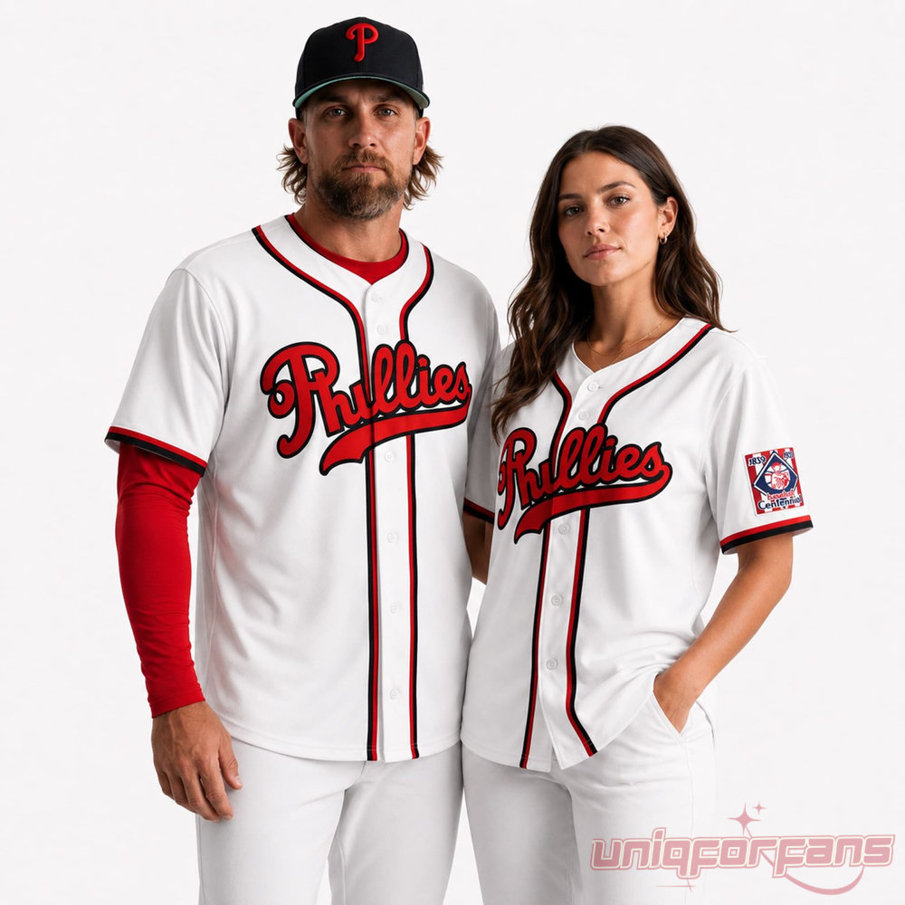 Phillies Field Of Dreams 2026 Jersey modeled by a man and woman in white shirts with red script logo