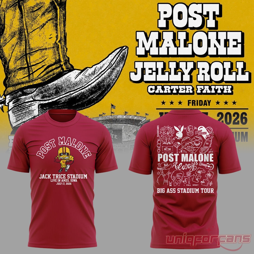 Post Malone Big Ass Stadium Tour x Iowa State Cyclones At Jack Trice Stadium Limited Shirt, cardinal red variant