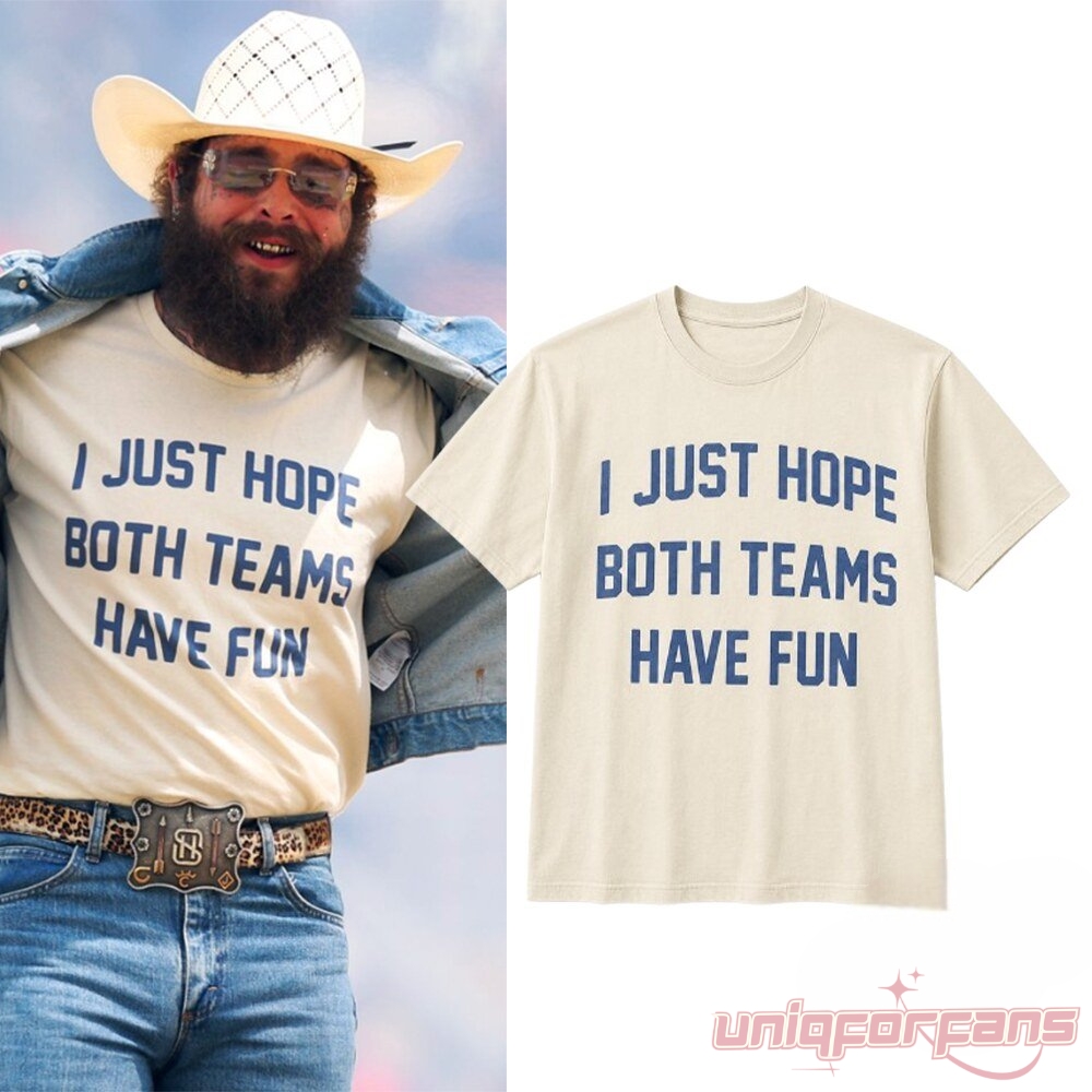 Post Malone I Just Hope Both Teams Have Fun shirt side-by-side with Post Malone wearing it in cowboy style