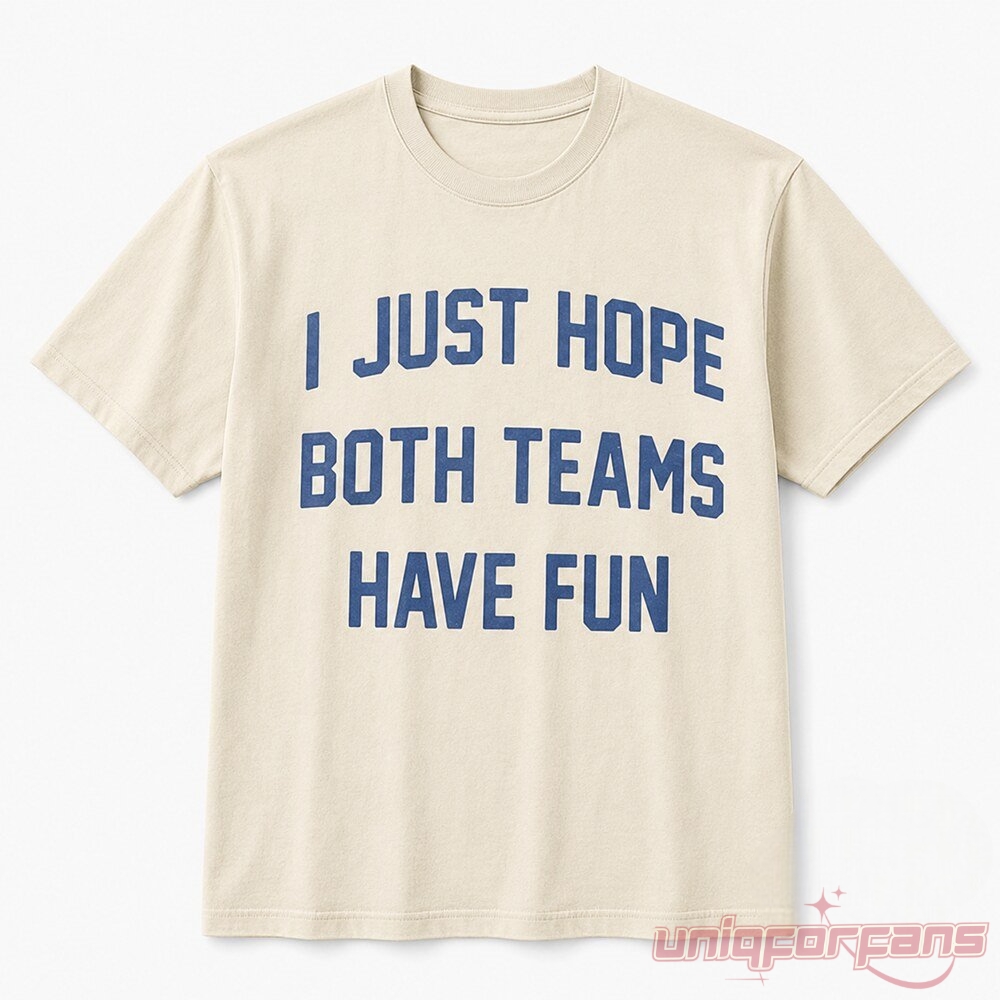 Post Malone I Just Hope Both Teams Have Fun shirt product view in cream featuring blue block text
