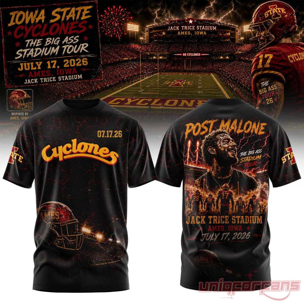 Post Malone x Iowa State Cyclones The BIG ASS Stadium Tour 2026 T-Shirt, black tee with helmet and stadium back graphic