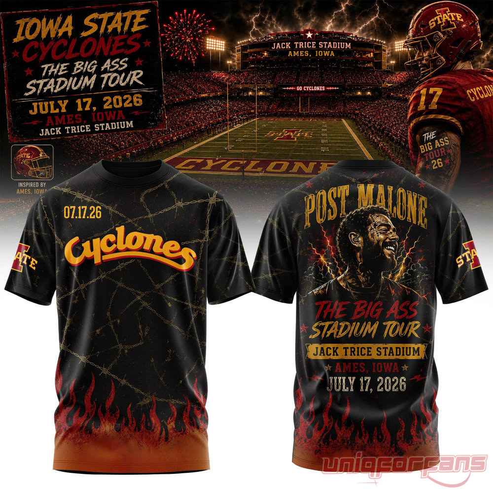 Post Malone x Iowa State Cyclones The BIG ASS Stadium Tour 2026 T-Shirt in black, featuring barbed wire and flames design