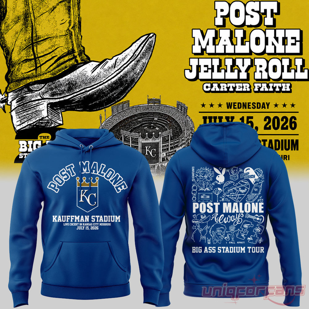 Post Malone x Kansas City Royals 2026 The BIG ASS Stadium Tour Part 2 Hoodie Collection, blue front and back