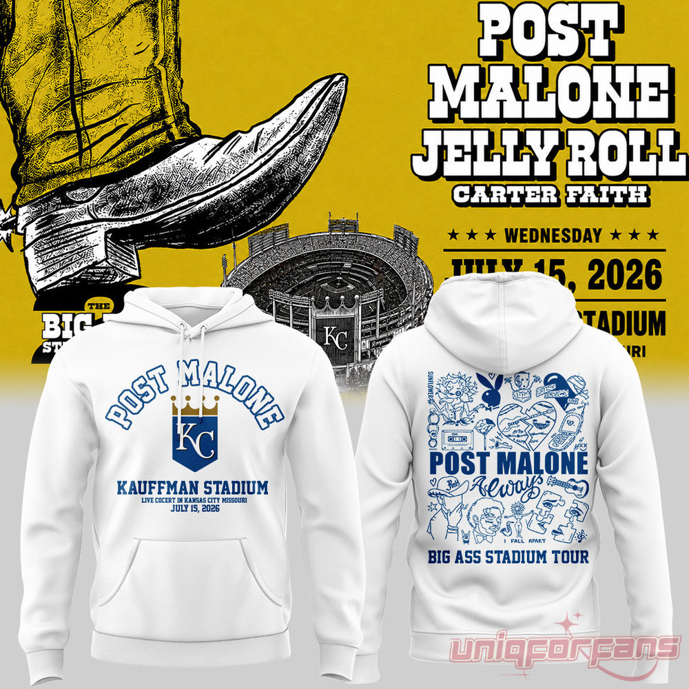 Post Malone x Kansas City Royals 2026 The BIG ASS Stadium Tour Part 2 Hoodie Collection, white front and back