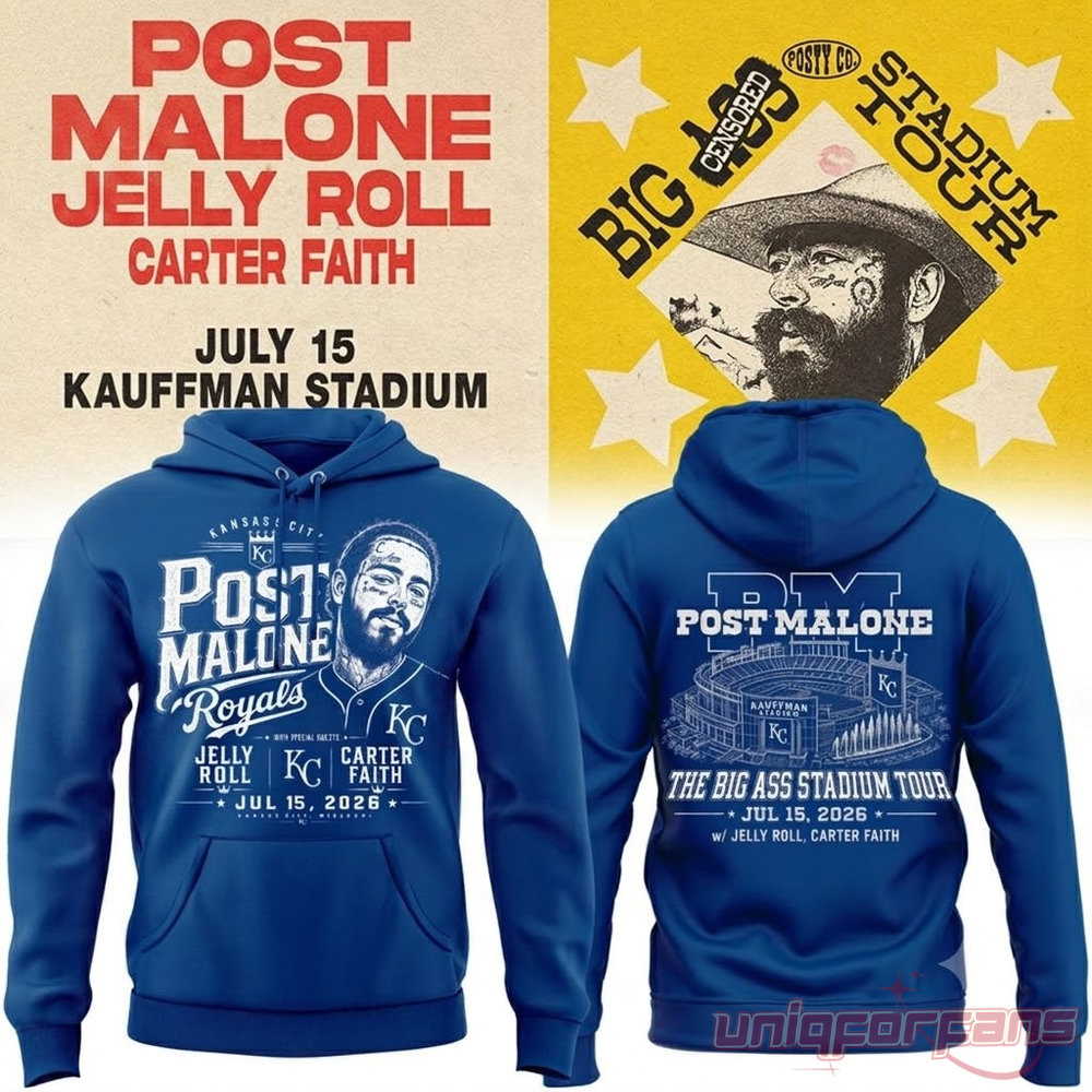 Post Malone x Kansas City Royals 2026 The BIG ASS Stadium Tour Part 2 Hoodie Collection, blue portrait style