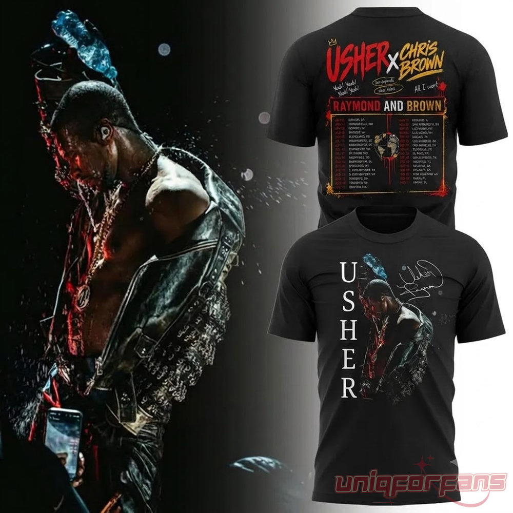 Raymond and Brown Tour Usher x Chris Brown 2026 Collection T-Shirt with front graphic & tour schedule back