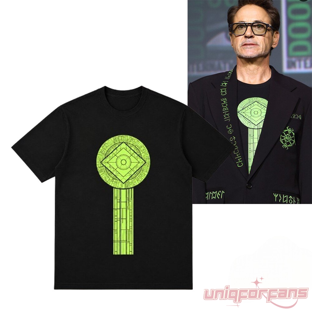 Robert Downey Jr SDCC Doctor Doom Shirt in black with green tech design, styled by RDJ on stage at Comic-Con
