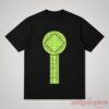 Robert Downey Jr SDCC Doctor Doom Shirt featuring bright neon green geometric sigil graphic on black tee
