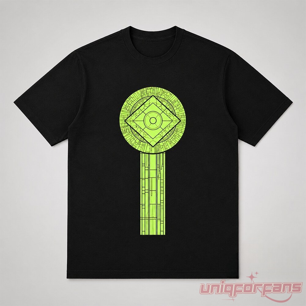 Robert Downey Jr SDCC Doctor Doom Shirt featuring bright neon green geometric sigil graphic on black tee