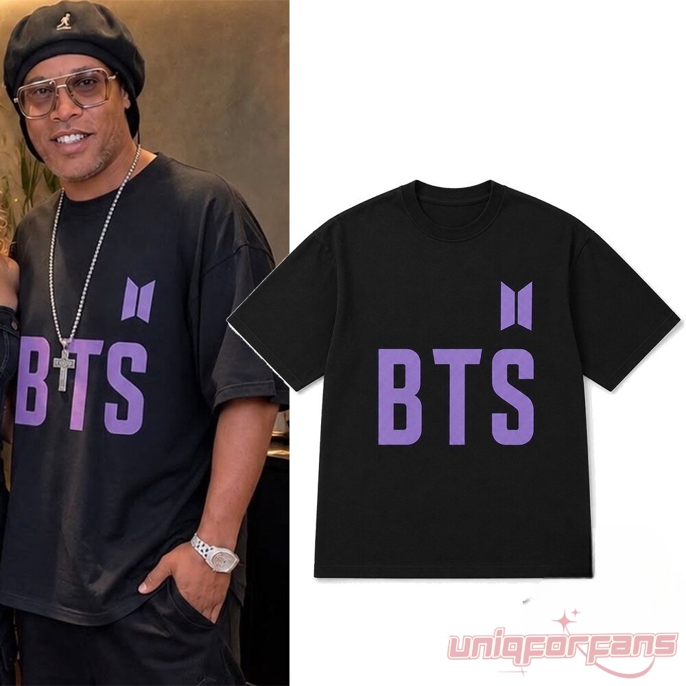 Ronaldinho Brasil BTS Purple Logo Black Shirt product side-by-side with Ronaldinho wearing the t-shirt