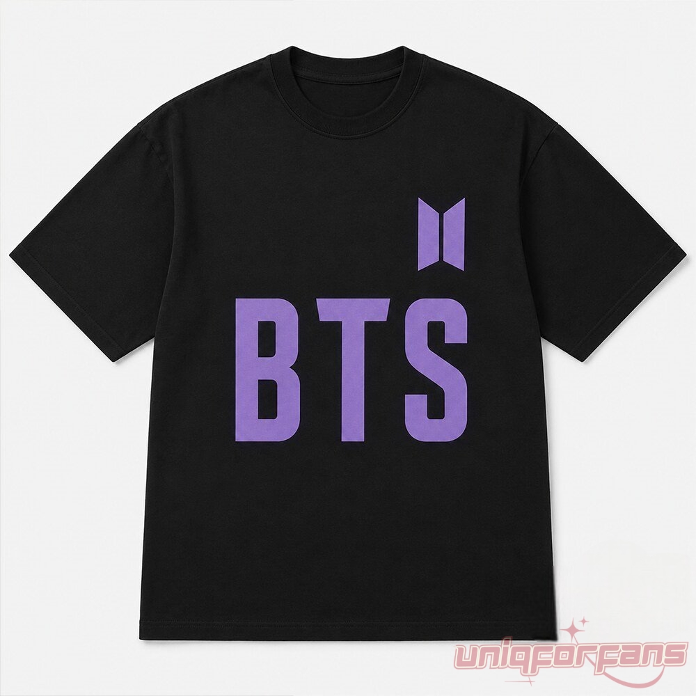 Ronaldinho Brasil BTS Purple Logo Black Shirt front view featuring a bold purple BTS emblem and lettering