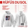 Rufus Du Sol 2026 Tour White Collection Hoodie showing front and back views with warm tan and pink abstract artwork