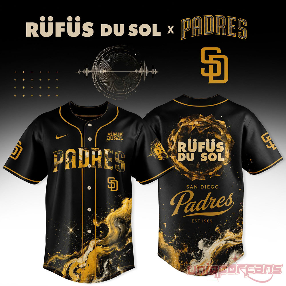 Rufus Du Sol x San Diego Padres Jersey in black with abstract gold smoke patterns and back tour concert print
