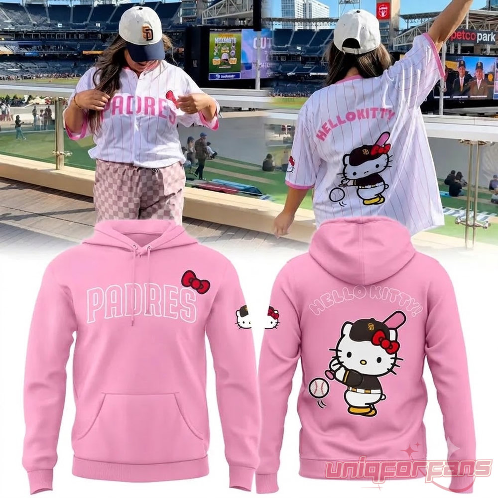 San Diego Padres Hello Kitty Theme 2026 Pink Edition Hoodie shown in solid pink with front & back graphic views