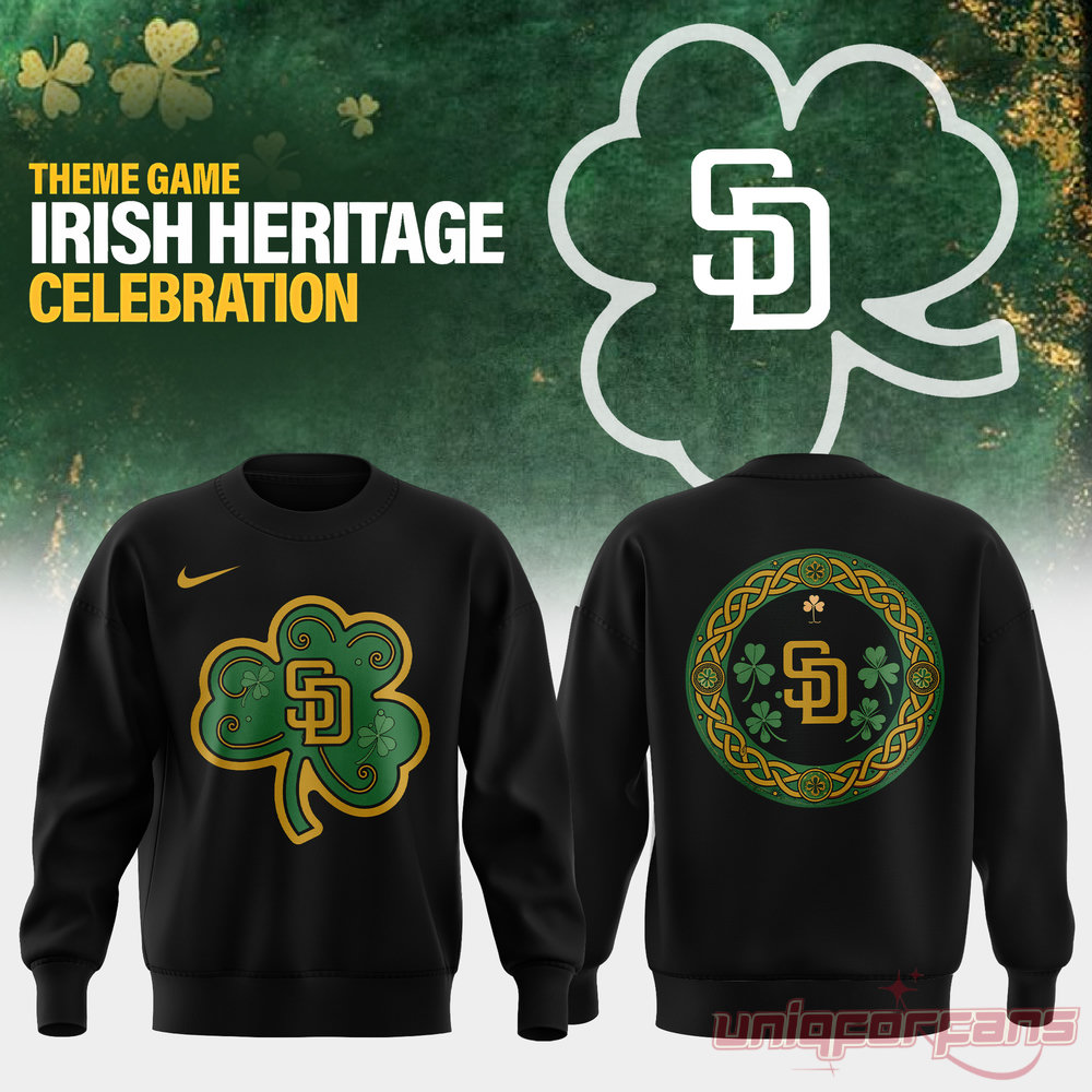 San Diego Padres Irish Heritage Celebration 2026 Edition Sweatshirt, black crewneck with green shamrock graphics