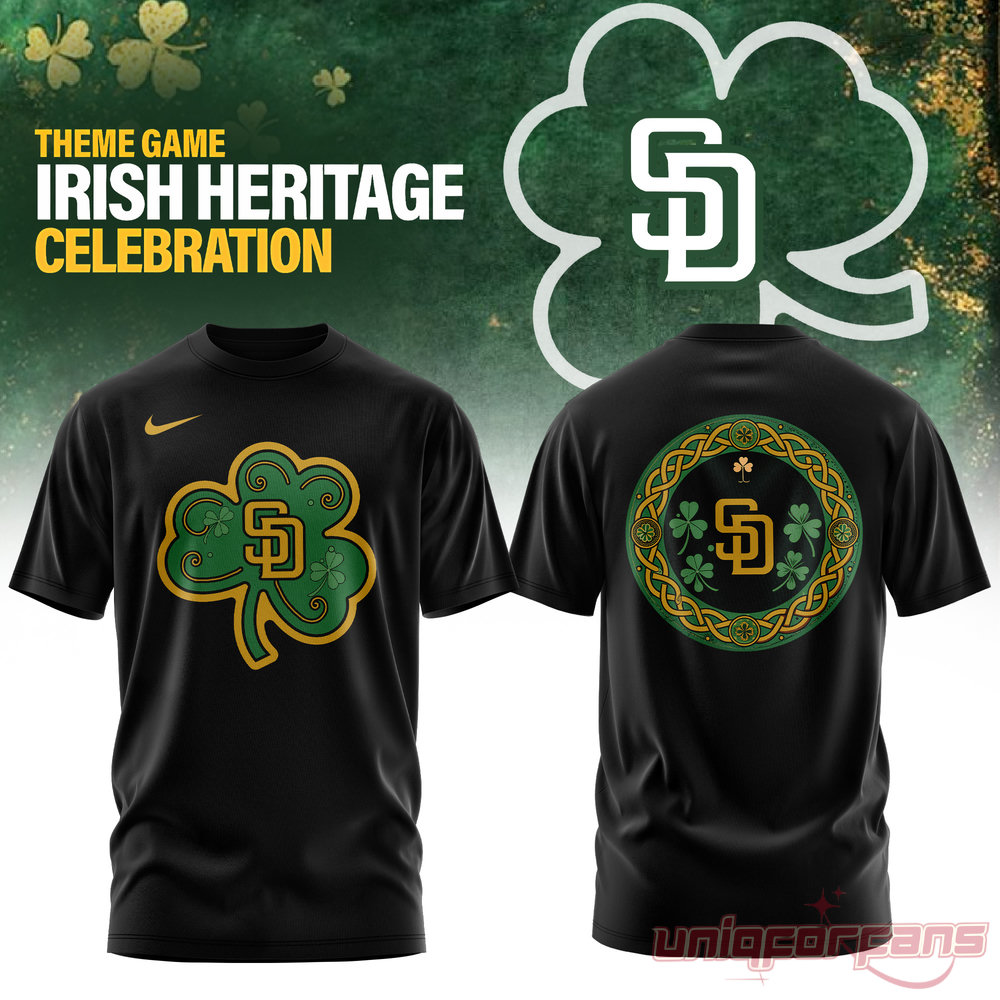 San Diego Padres Irish Heritage Celebration 2026 Edition Tee, black t-shirt with green and gold shamrock graphics