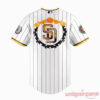 San Diego Padres Native American Heritage 2026 Jersey – white pinstripe back with tribal SD logo wreath and heritage sleeve patches