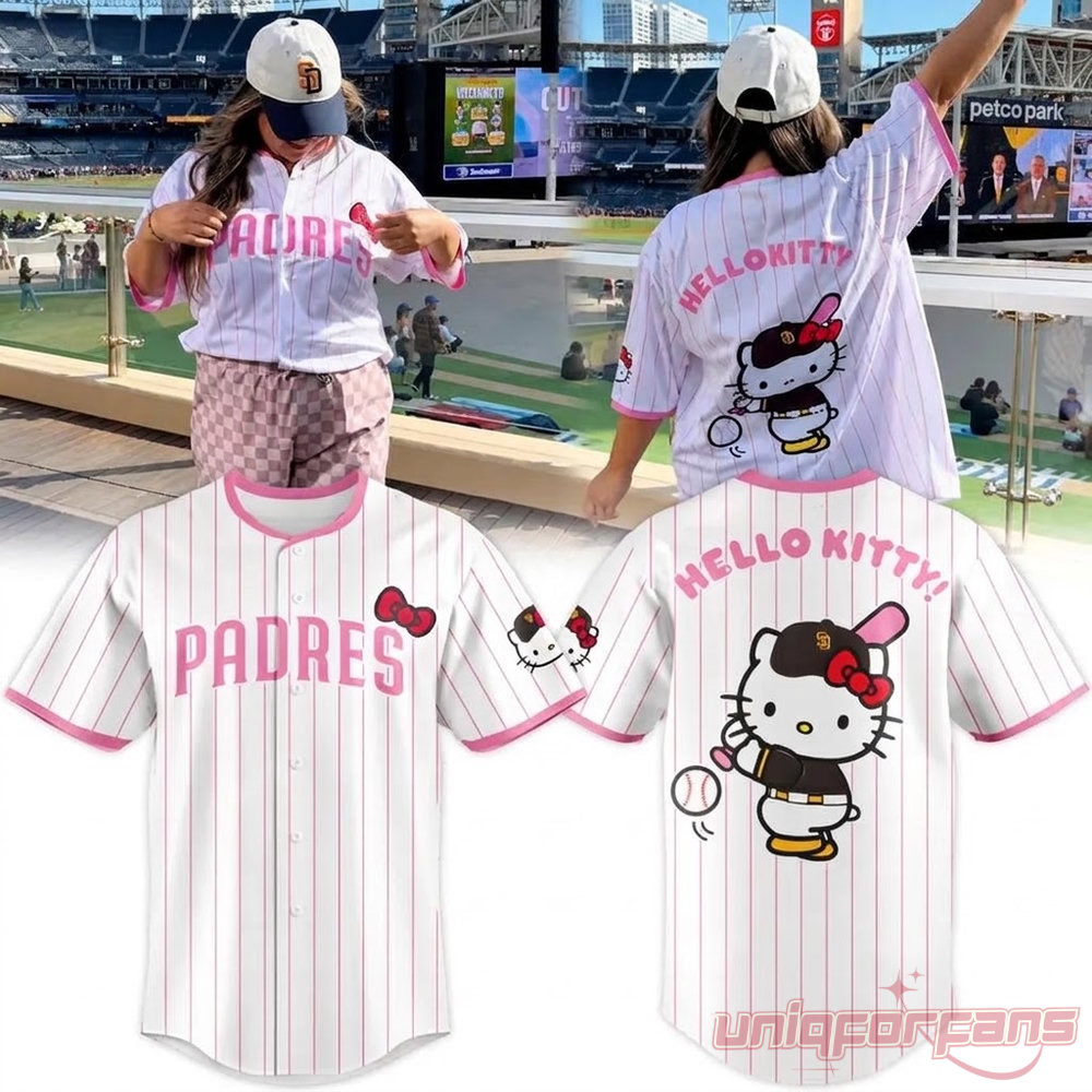 San Diego Padres x Hello Kitty Night 2026 Pink Stripe Edition Baseball Jersey modeled with front and back views