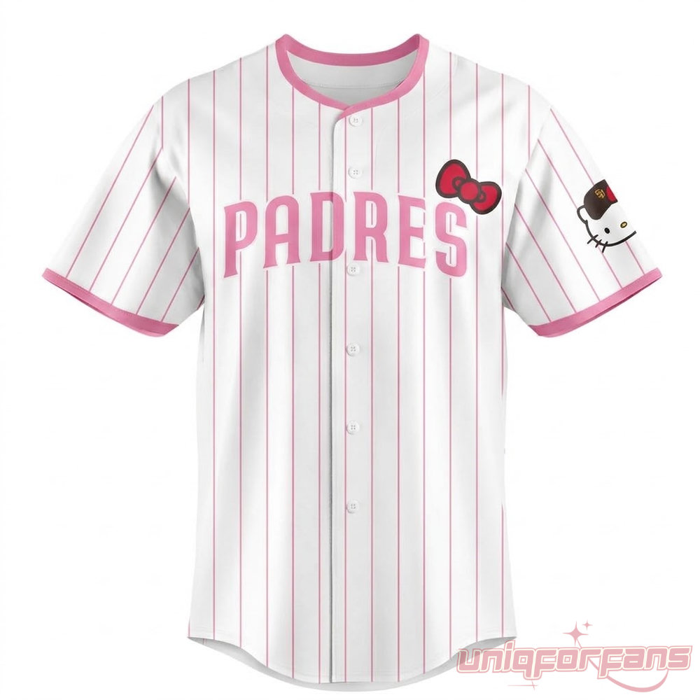 San Diego Padres x Hello Kitty Night 2026 Pink Stripe Edition Baseball Jersey with pink Padres text & red bow