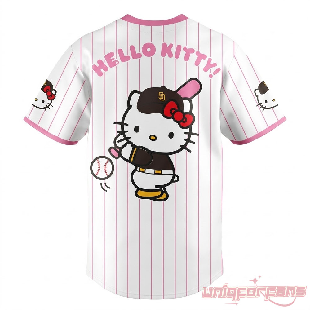 San Diego Padres x Hello Kitty Night 2026 Pink Stripe Edition Baseball Jersey with pink Padres text & red bow
