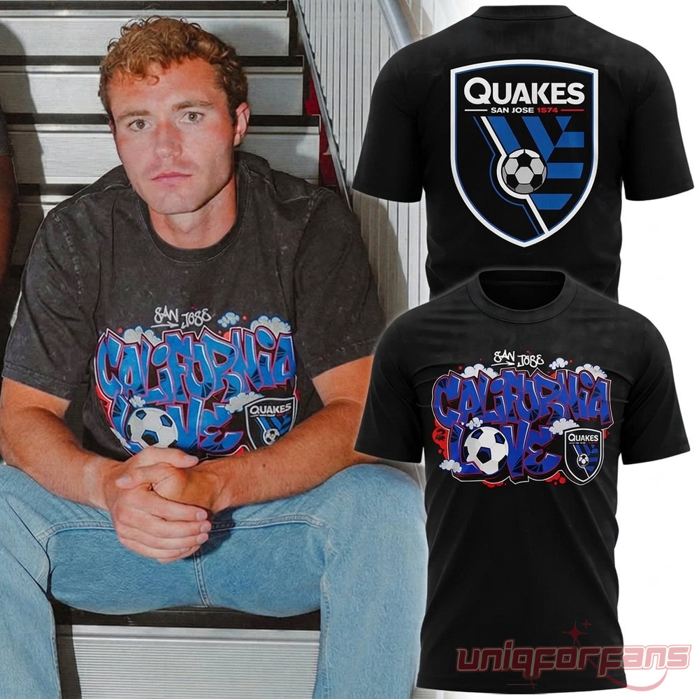 San Jose Earthquakes California Love Graffiti T-Shirt – black tee front & back with blue graffiti graphic and Quakes shield