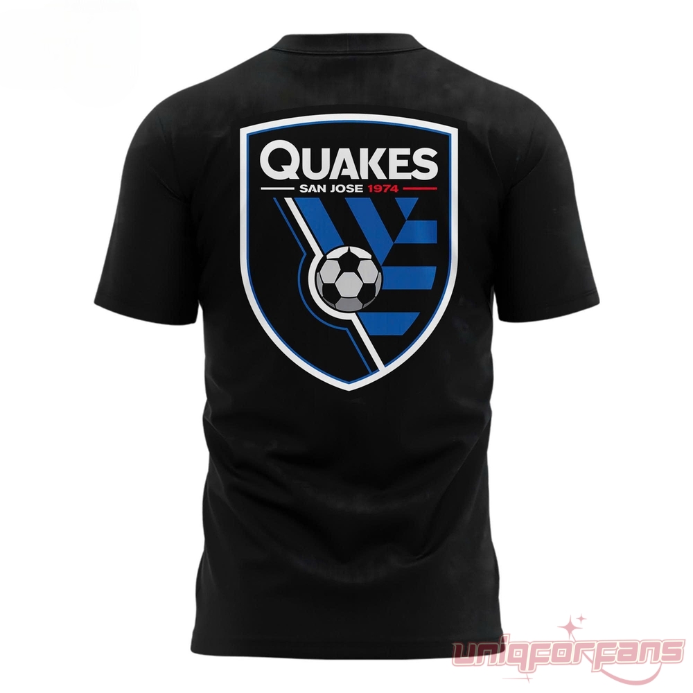 San Jose Earthquakes California Love Graffiti T-Shirt – black tee back with large Quakes San Jose 1974 blue shield crest graphic