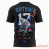 Shohei Ohtani LA Dodgers Number 17 300 Home Runs Commemorative T-Shirt in black, showing the back with his name, jersey number 17, signature, and cherry blossoms