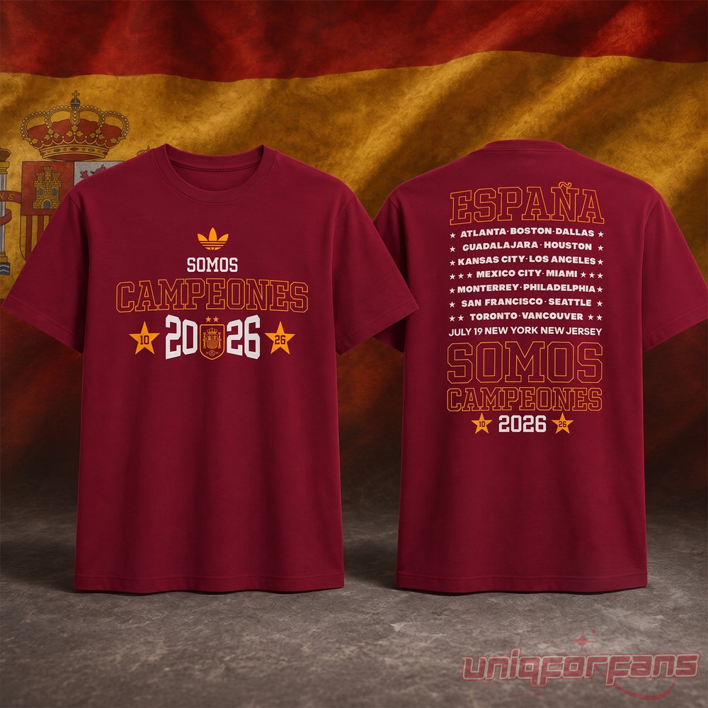 Spain 2026 World Cup Champions Shirt front and back view in maroon against Spanish flag backdrop