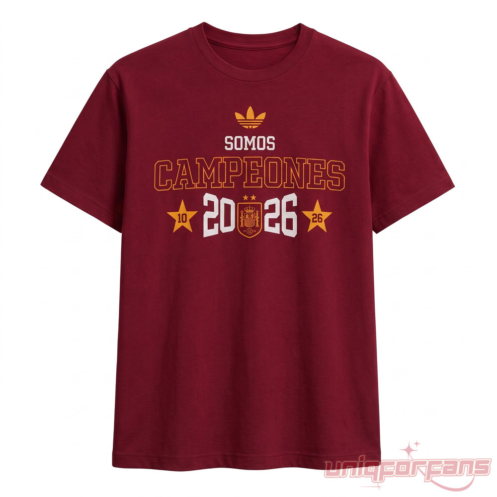Spain 2026 World Cup Champions Shirt front view featuring gold Somos Campeones text and team crest graphic