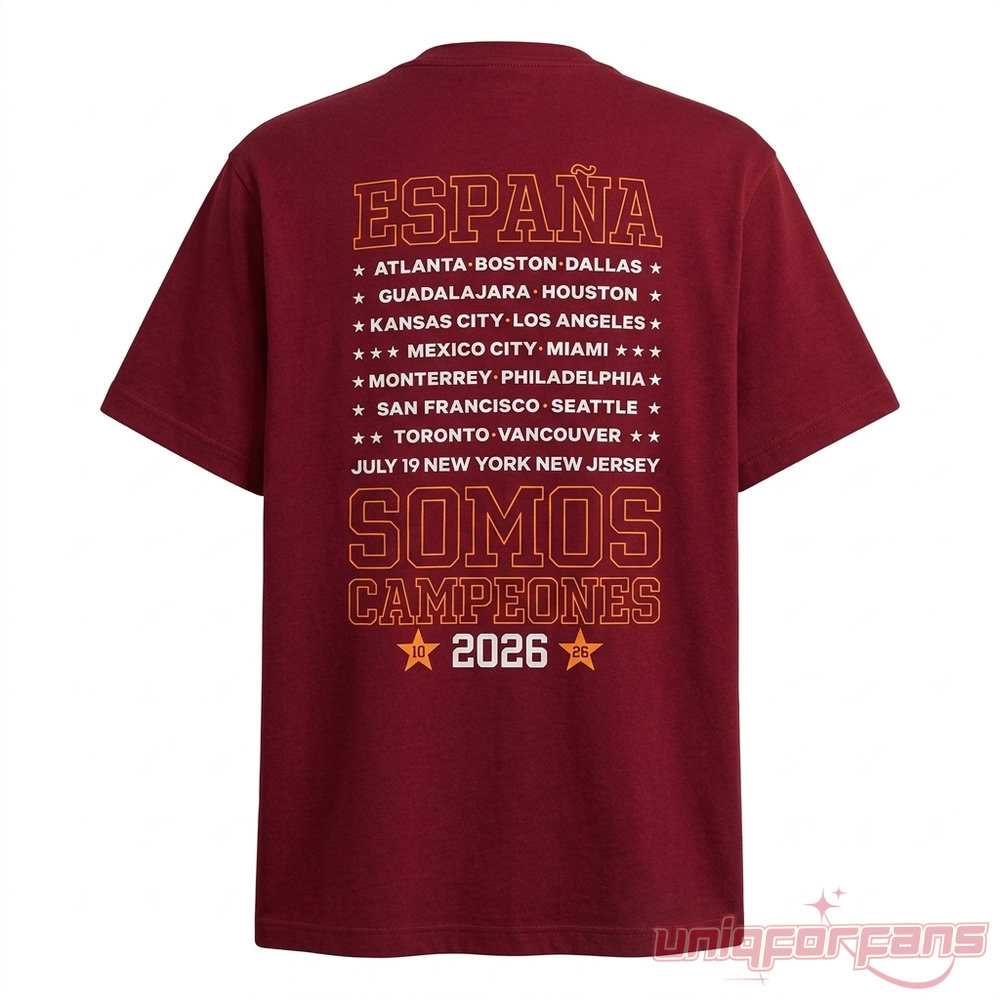 Spain 2026 World Cup Champions Shirt back view listing tournament host cities in bold typography