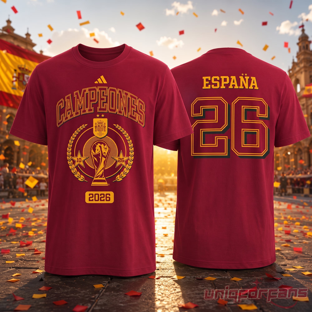 Spain Adidas 2026 World Cup Champions Shirt front and back view set against a Spanish plaza celebration background