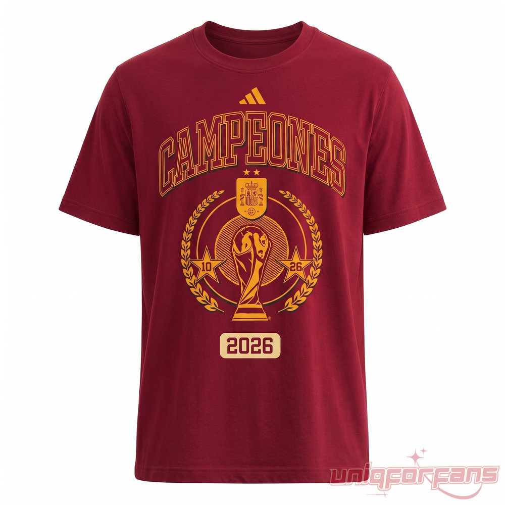 Spain Adidas 2026 World Cup Champions Shirt front view featuring golden World Cup trophy and Campeones graphic