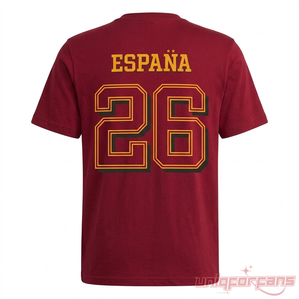 Spain Adidas 2026 World Cup Champions Shirt back view with bold España 26 numbering in yellow and red