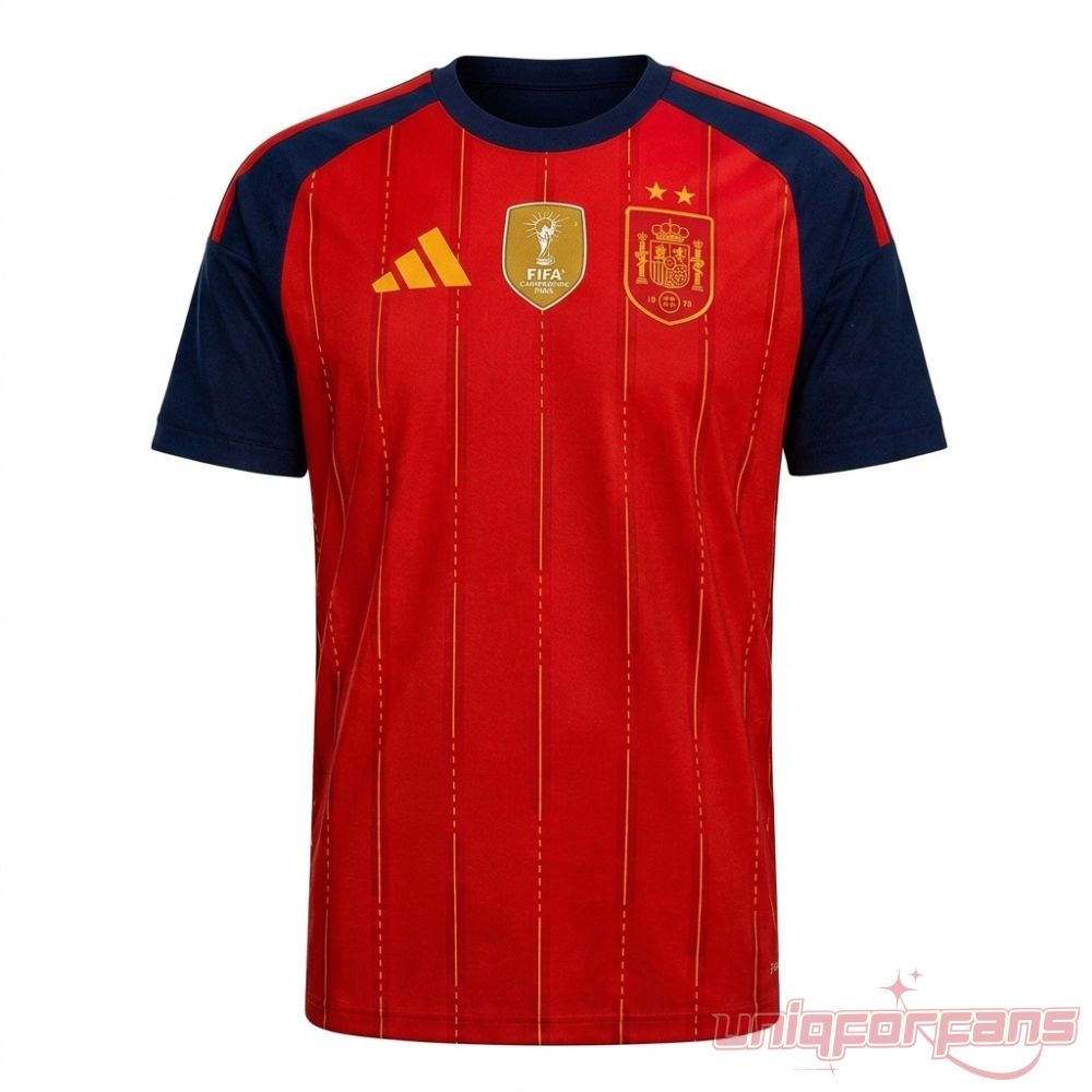Spain FIFA World Cup 2026 Champions Jersey front view in red and navy featuring FIFA badge and team crest