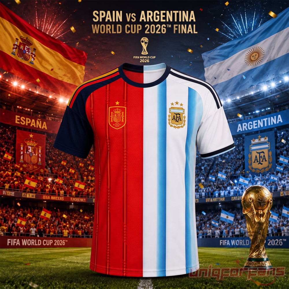 Spain Vs Argentina World Cup 2026 Final Special Custom Split Jersey, half red pinstripe and half blue white stripes
