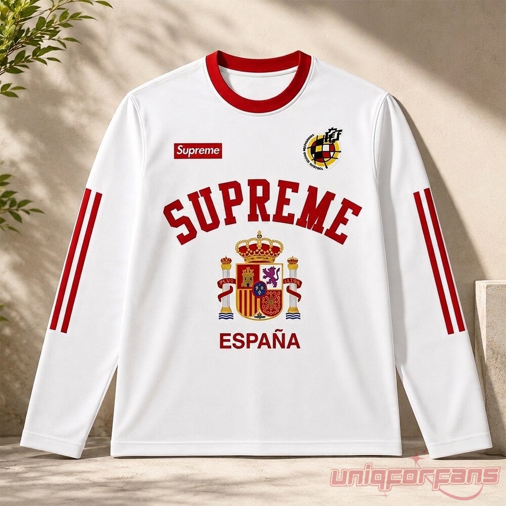 Spain World Cup 2026 Supreme Espana Champions Long Sleeve Jersey white long sleeve tee display
