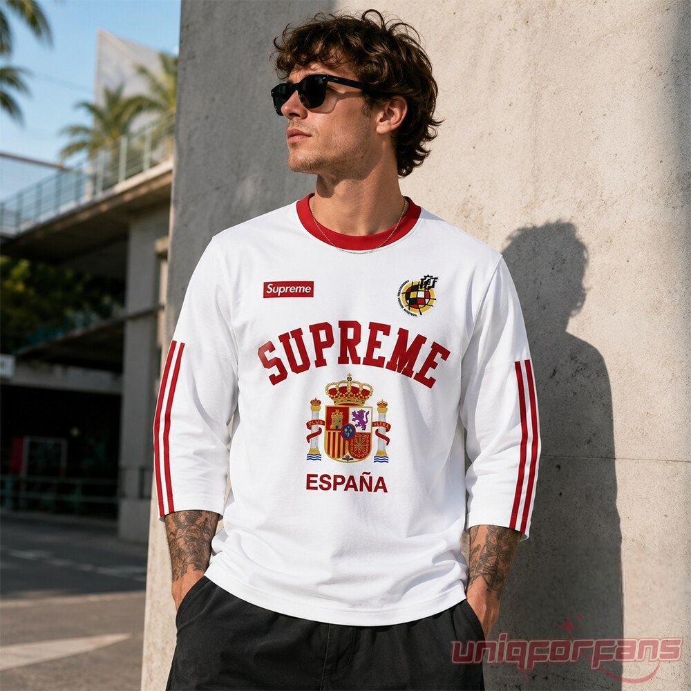 Spain World Cup 2026 Supreme Espana Champions Long Sleeve Jersey worn by model with sunglasses