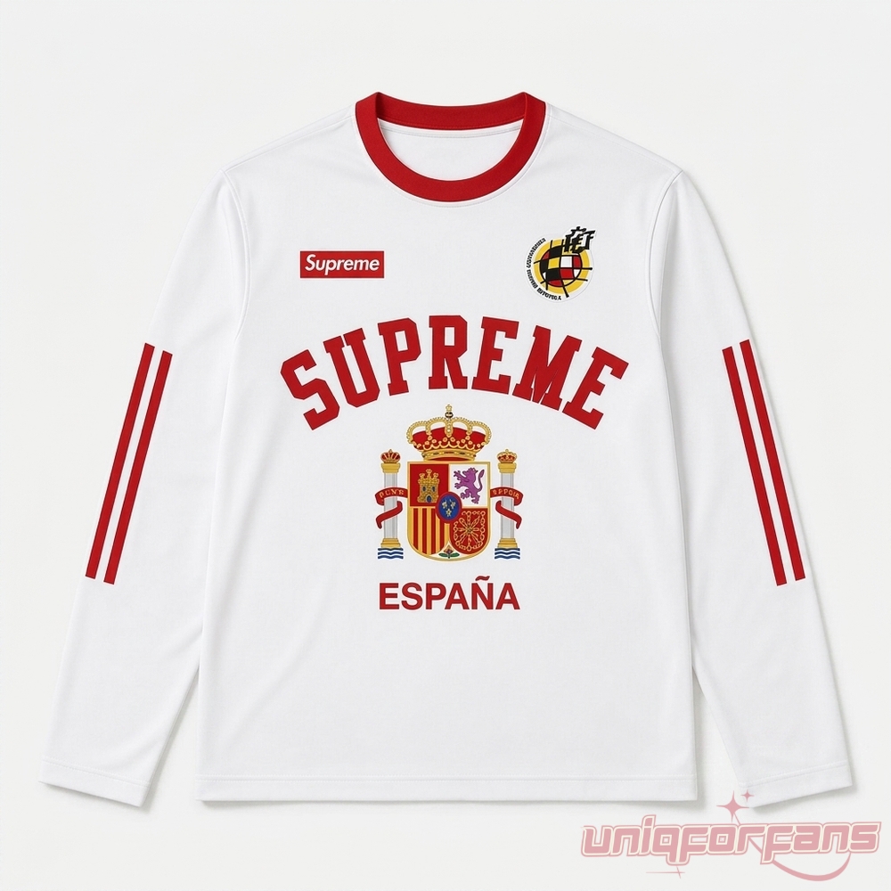 Spain World Cup 2026 Supreme Espana Champions Long Sleeve Jersey flat lay on white backdrop