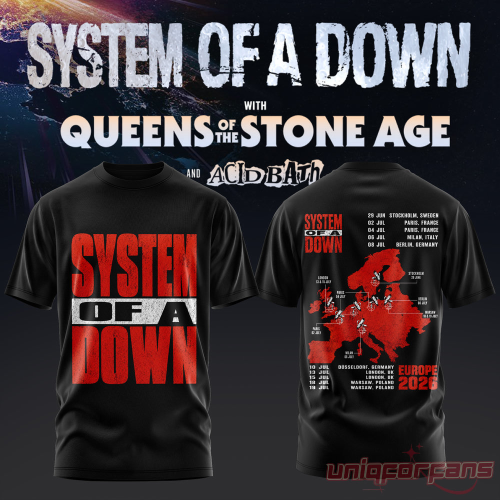 System of a Down UK EU Tour 2026 Black Collection T-Shirt, red block text front with European map back graphic
