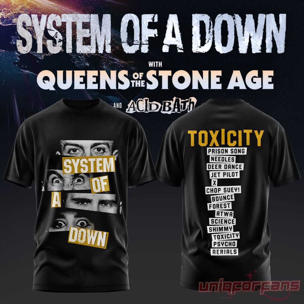 System of a Down UK EU Tour 2026 Black Collection T-Shirt, band member eyes cutout front with Toxicity tracklist