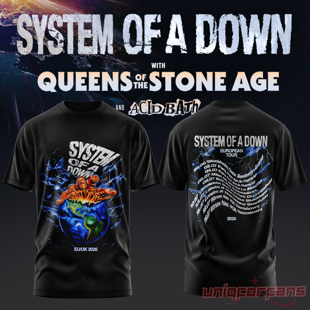 System of a Down UK EU Tour 2026 Black Collection T-Shirt, hand grabbing globe with lightning front design