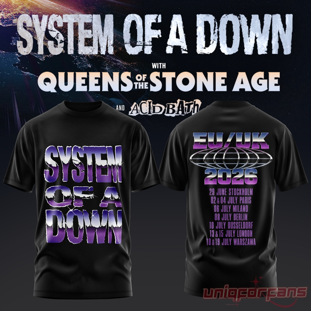 System of a Down UK EU Tour 2026 Black Collection T-Shirt, purple chrome text front and digital globe back