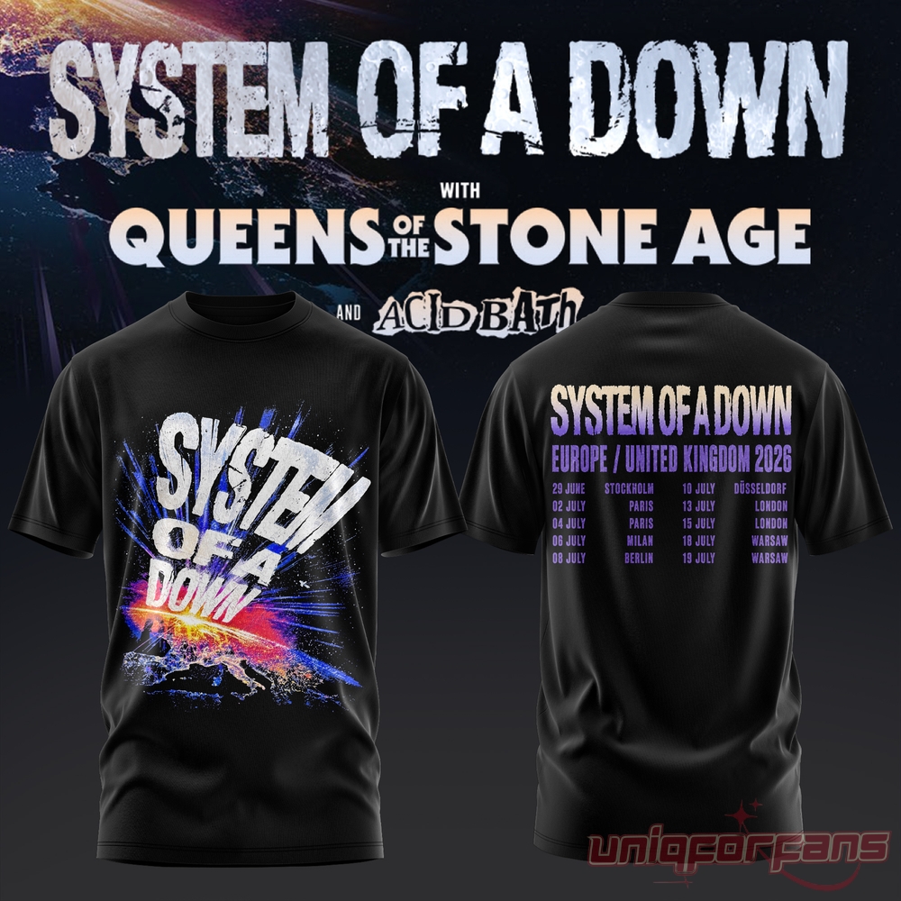 System of a Down UK EU Tour 2026 Black Collection T-Shirt, white spray paint logo front with colorful cosmic splash