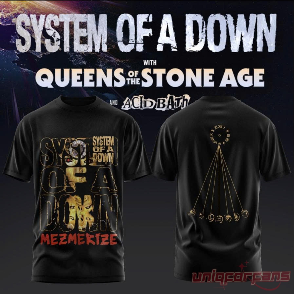 System of a Down UK EU Tour 2026 Black Collection T-Shirt, gold Mezmerize art front with pendulum clock back