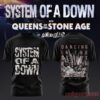 System of a Down UK EU Tour 2026 Black Collection T-Shirt, distressed logo front with BYOB lyric explosion back