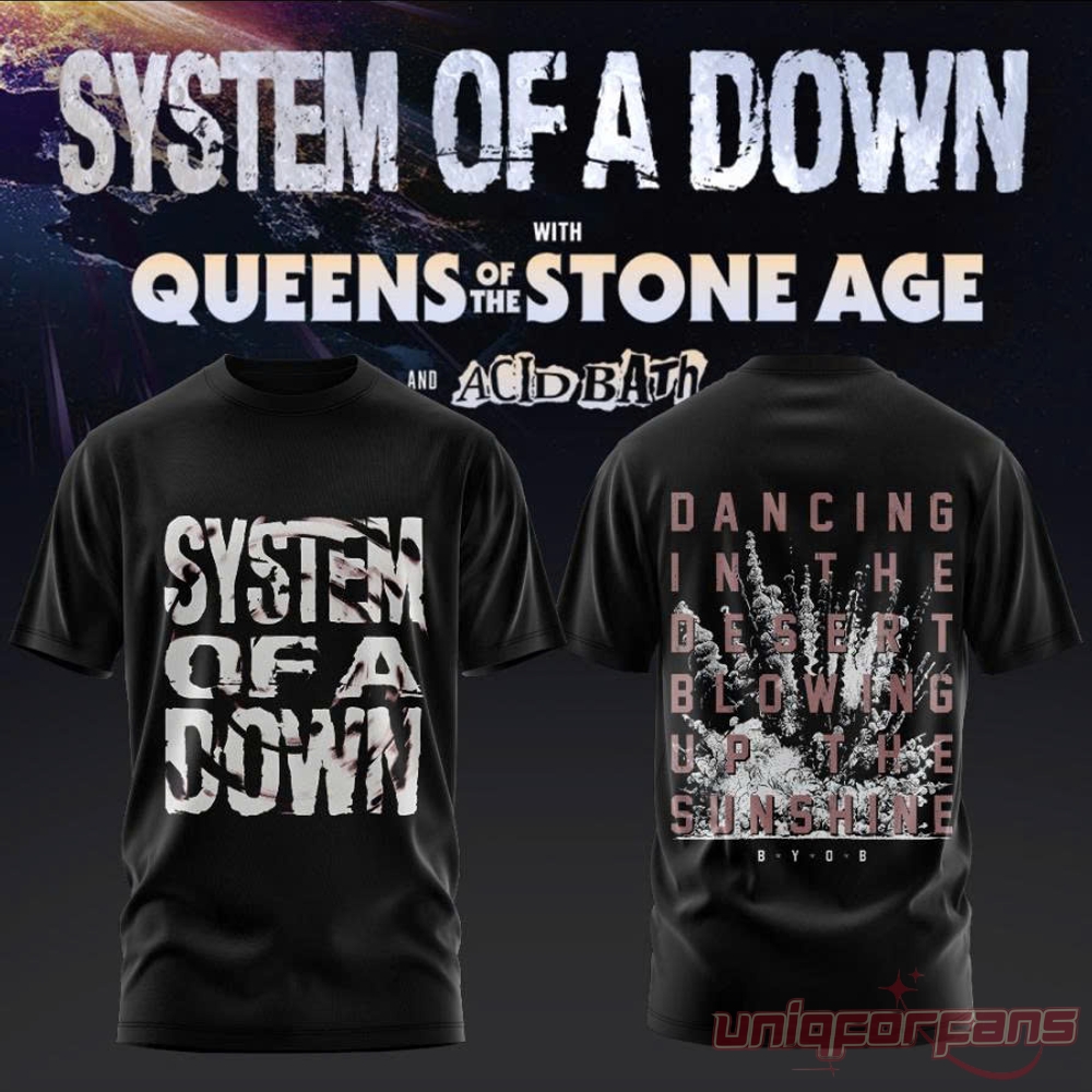 System of a Down UK EU Tour 2026 Black Collection T-Shirt, distressed logo front with BYOB lyric explosion back
