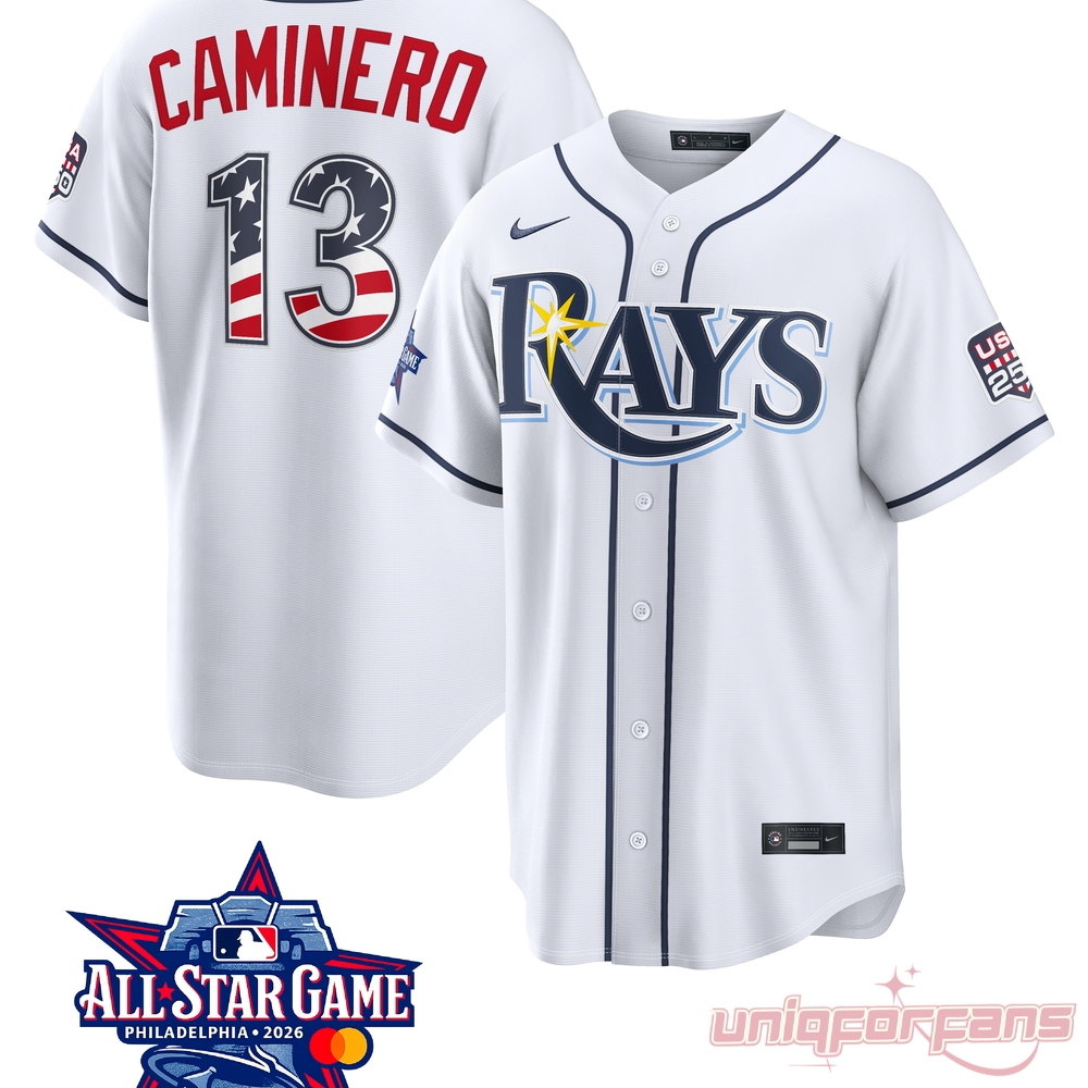 Tampa Bay Rays Junior Caminero All-Star Game 2026 Edition Jersey in white with USA flag number 13 back details