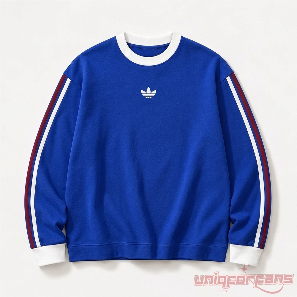 Timothee Chalamet World Cup 2026 Sweatshirt front view in royal blue with white collar and red sleeve stripes