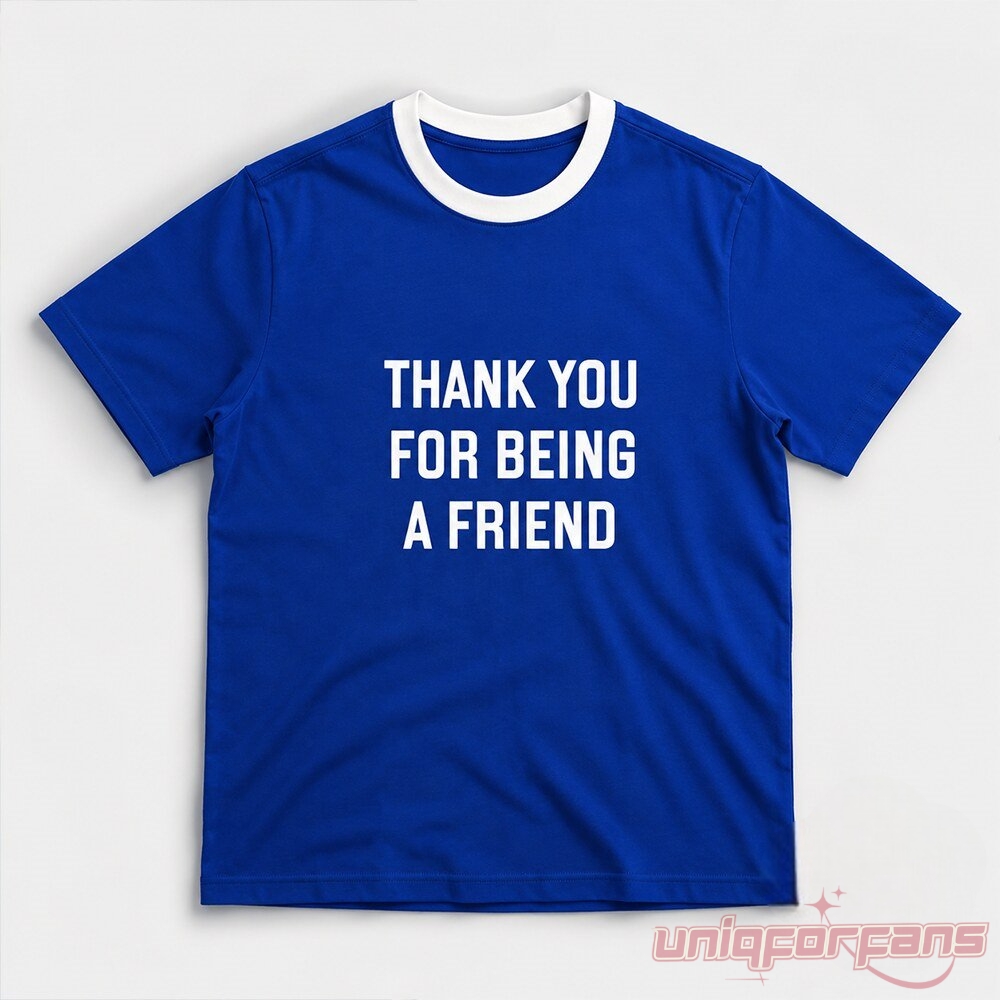 Tom Holland Blue Shirt Thank You For Being A Friend 2026 flat lay view of royal blue ringer t-shirt